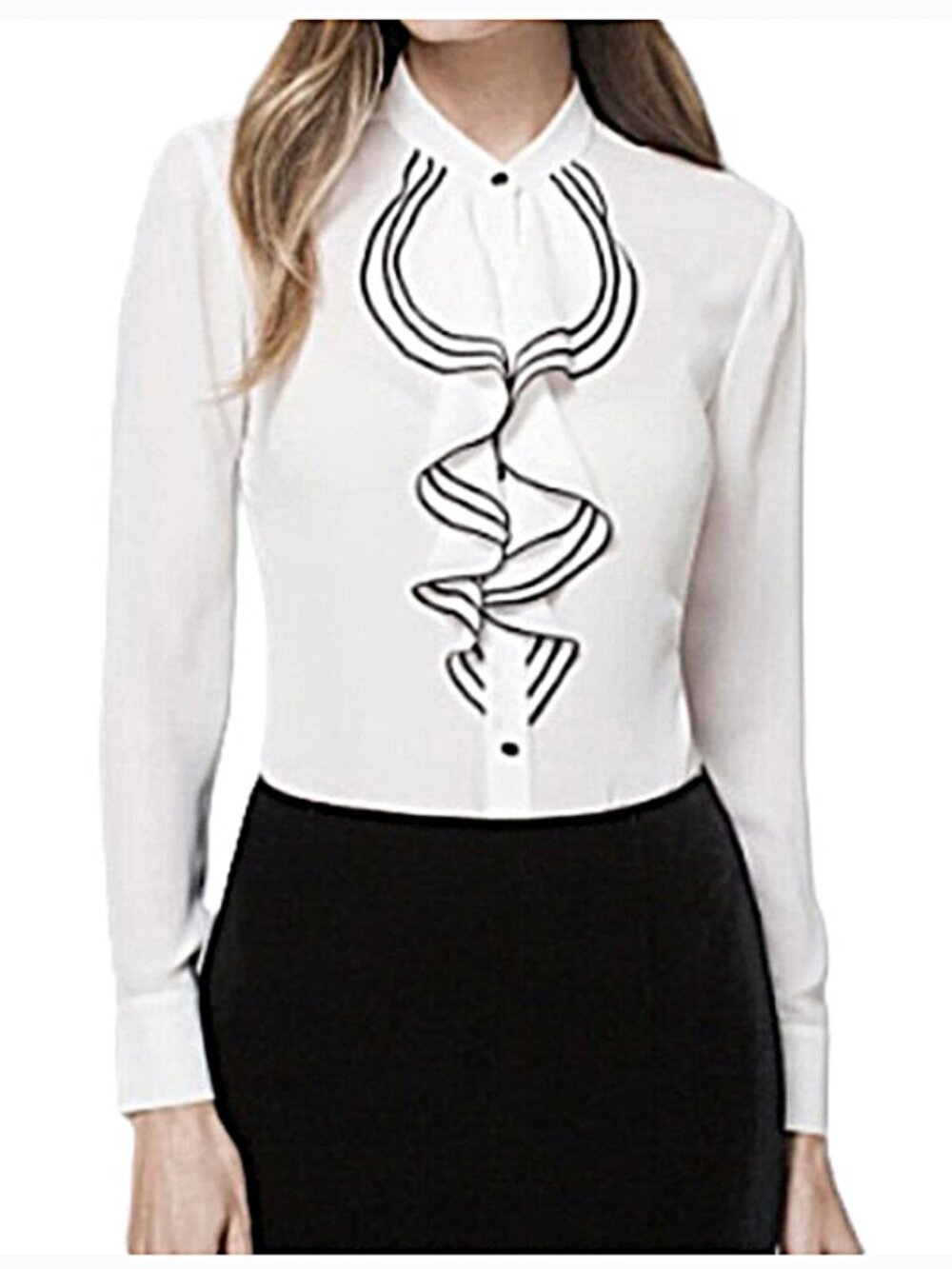 White House Black Market White Ruffle Black Trim Blouse size 8 NWT